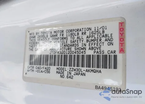 2002 Toyota Mr2 Spyder из США, поврежденный, VIN JTDFR320120045045